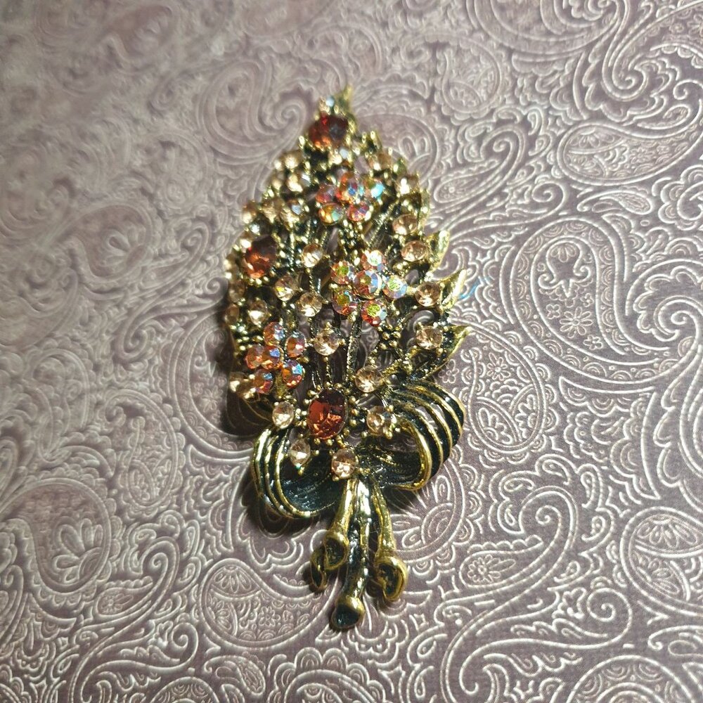 Vintage Rhinestone Enamel Bouquet Brooch Pin Gold Tone Floral Design Gift Mom
